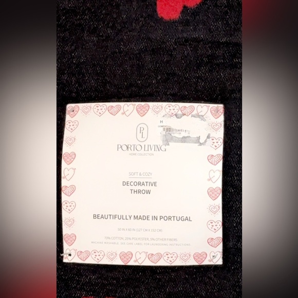 NWT Portco Living Home Collection Black & Red Hearts Soft Throw/Blanket 50x60 - Picture 2 of 4